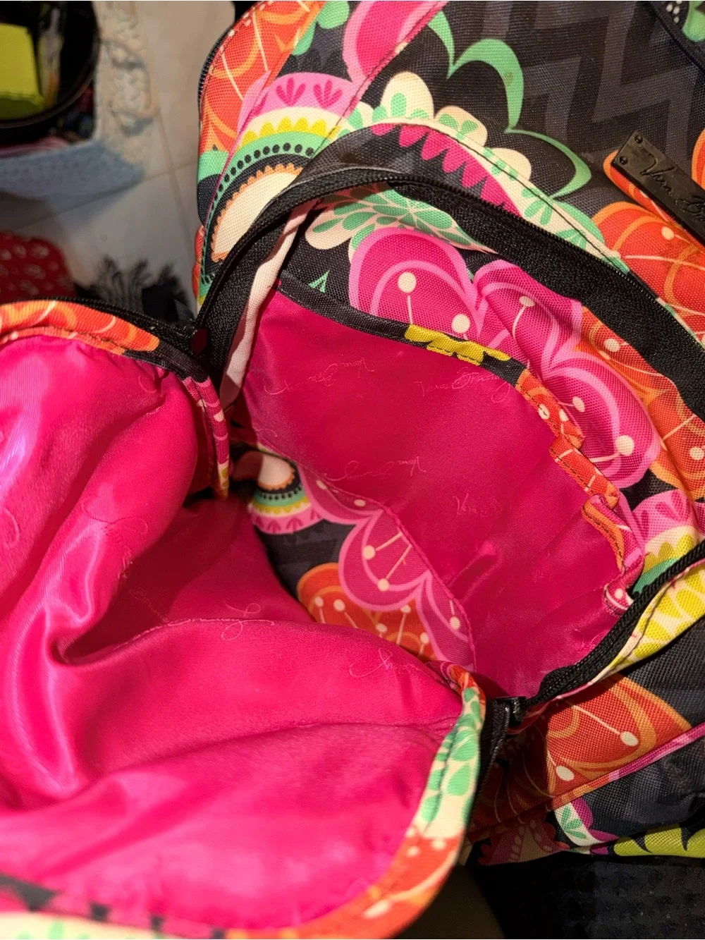 Vera Bradley Black Floral Backpack with Pink, Orange, Yellow and Green Flowers